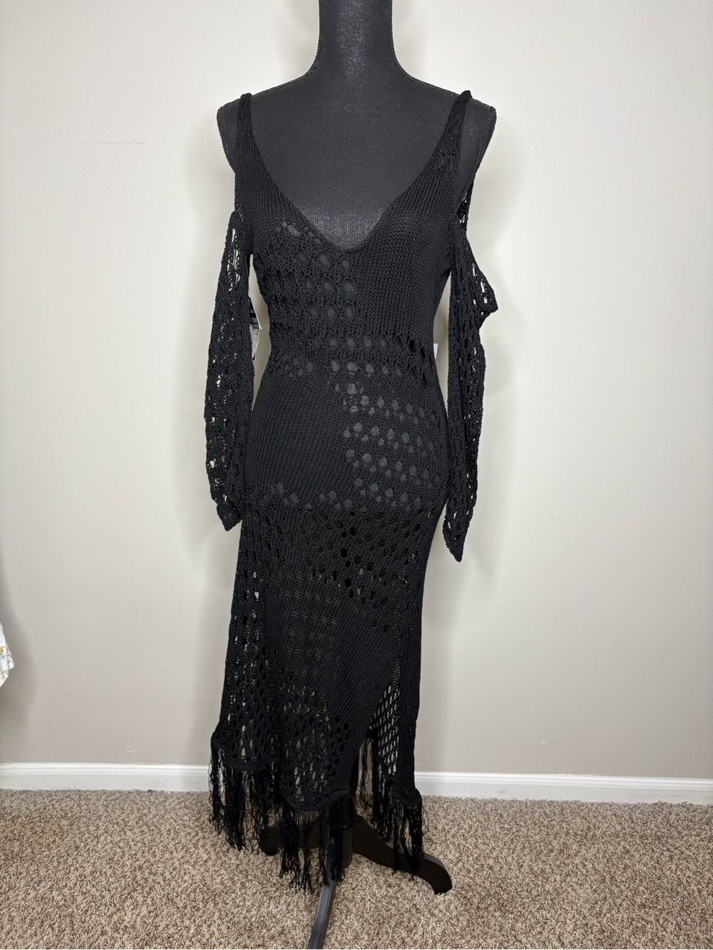 Altuzarra Black Crochet Fringe Maxi Dress